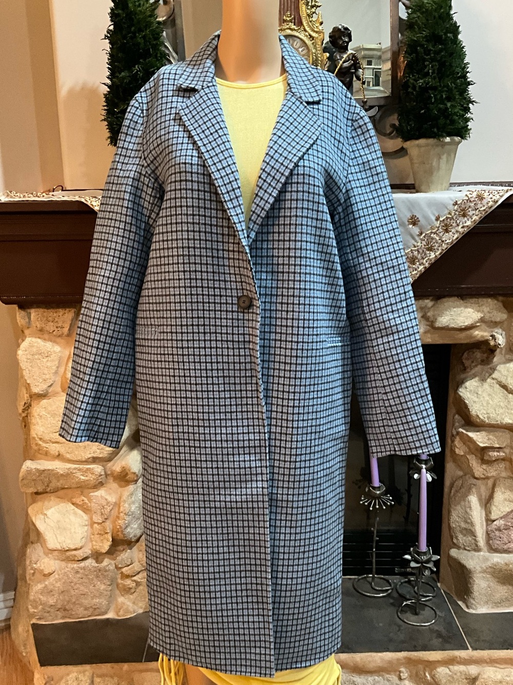 Sandro Light Blue Checked Single-Button Longline Trench Coat